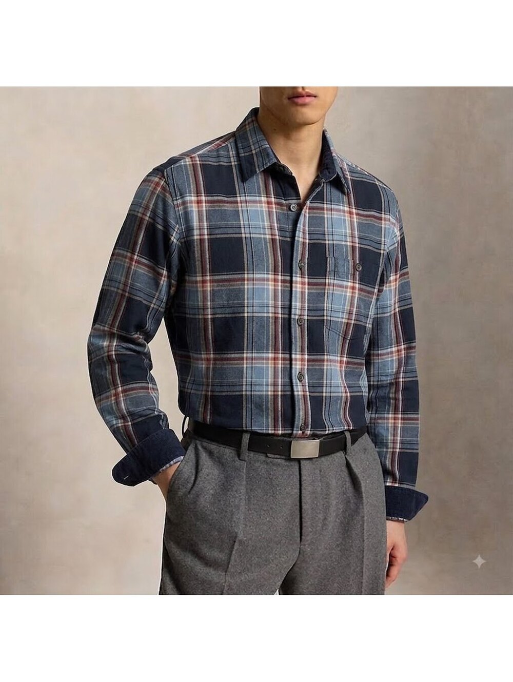 North River Men Long Sleeve Plaid Shirt - Size L - Blue / Navy Corduroy Cuffs